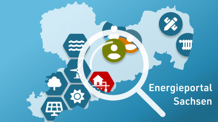 Abbildung einer Sachsenkarte mit Lupe zum Energieportal Sachsen